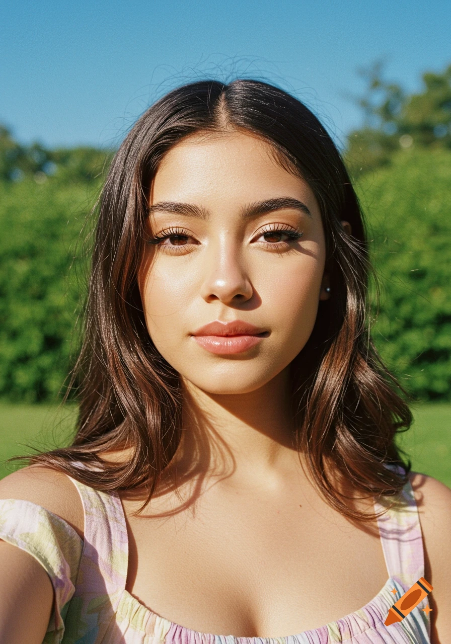 Close-up photorealistic portrait of a young Latina woman with long dark hair, outdoors in natural light with a green and blue background.