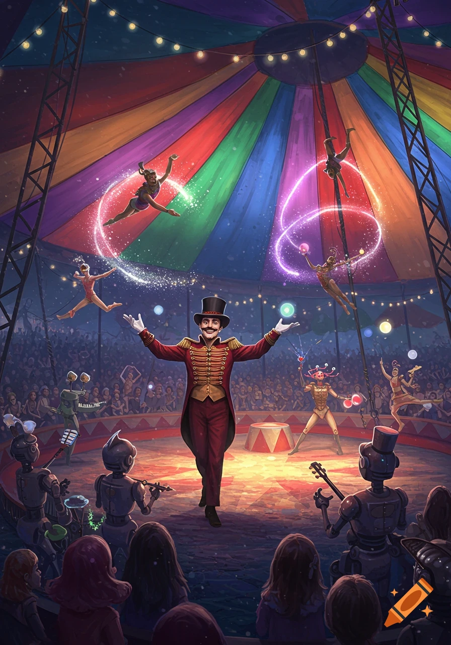 A vibrant digital illustration of a ringmaster presiding over a magical circus with acrobats, robots, and an audience in a colorful big top.