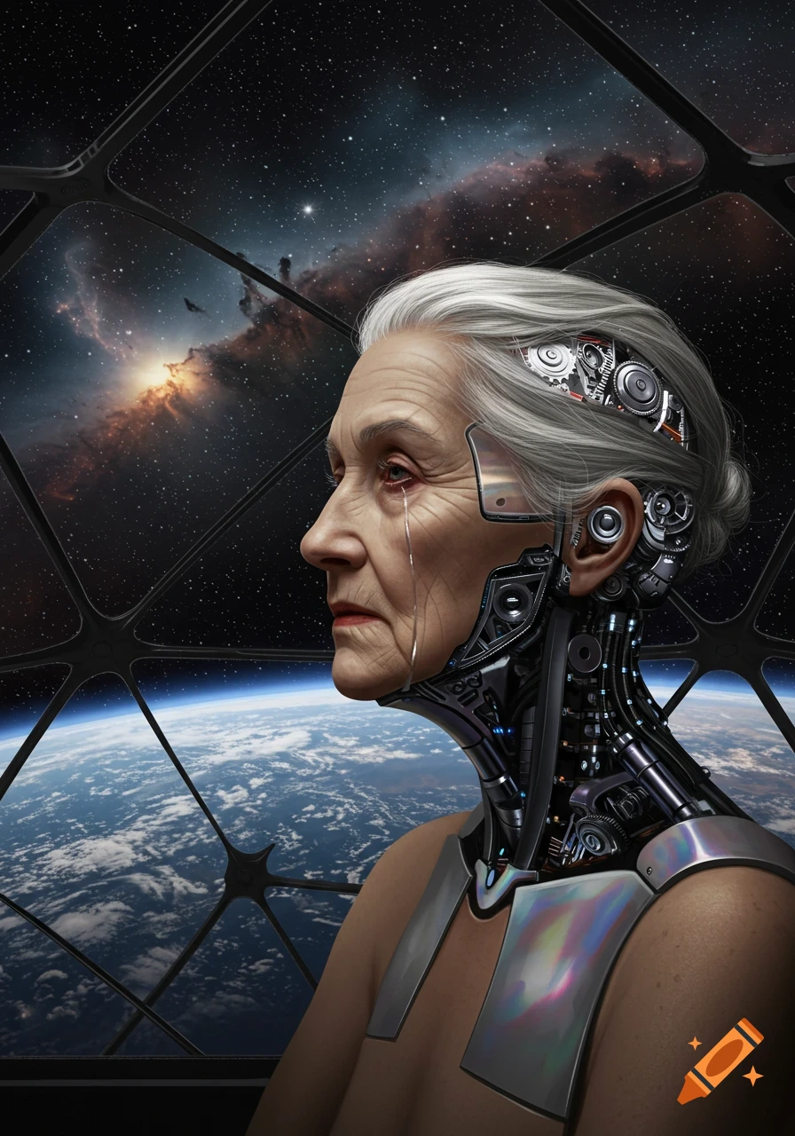 Photorealistic cyborg old woman with exposed gears in her head, looking out a space station window at Earth and a nebula, a tear on her face.