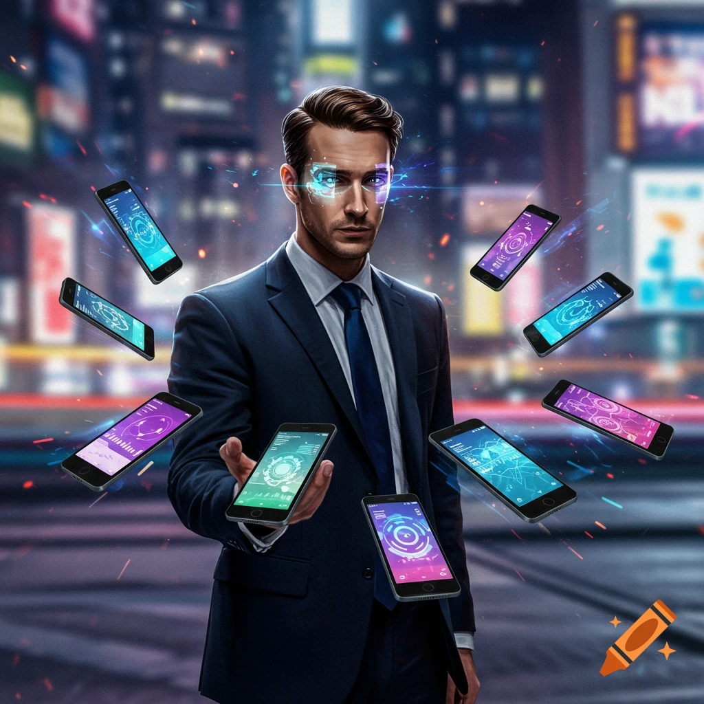 A man in a suit with glowing eyes manipulates multiple floating smartphones displaying futuristic interfaces in a neon-lit city.