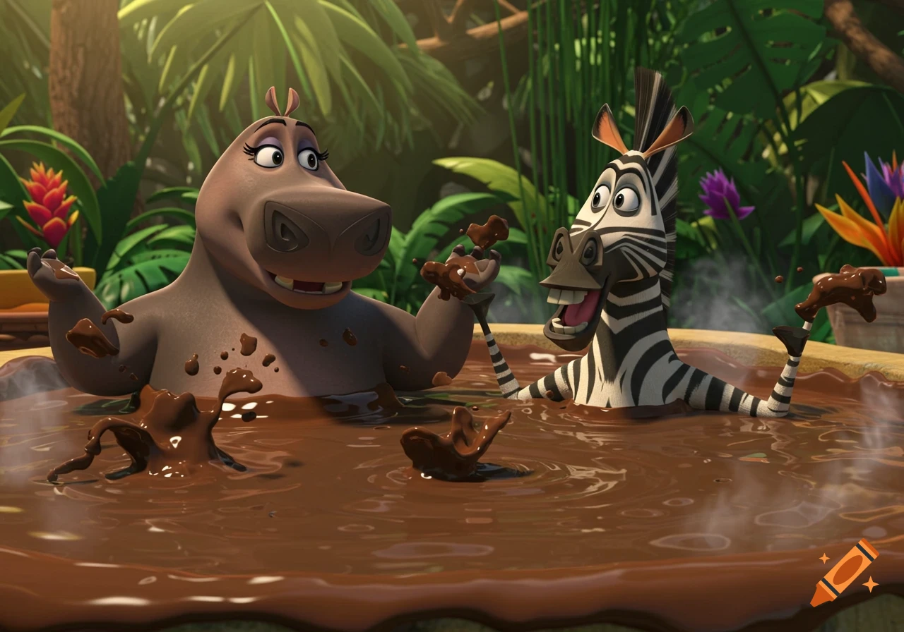3D animated cartoon of Gloria the hippo and Marty the zebra relaxing and splashing in a mud hot tub in a jungle.