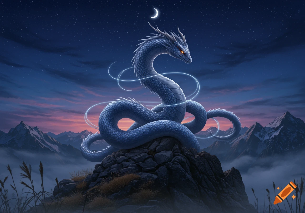 A majestic blue serpentine dragon coiled on a rocky mountain under a starry night sky with a crescent moon and sunset-tinged clouds.