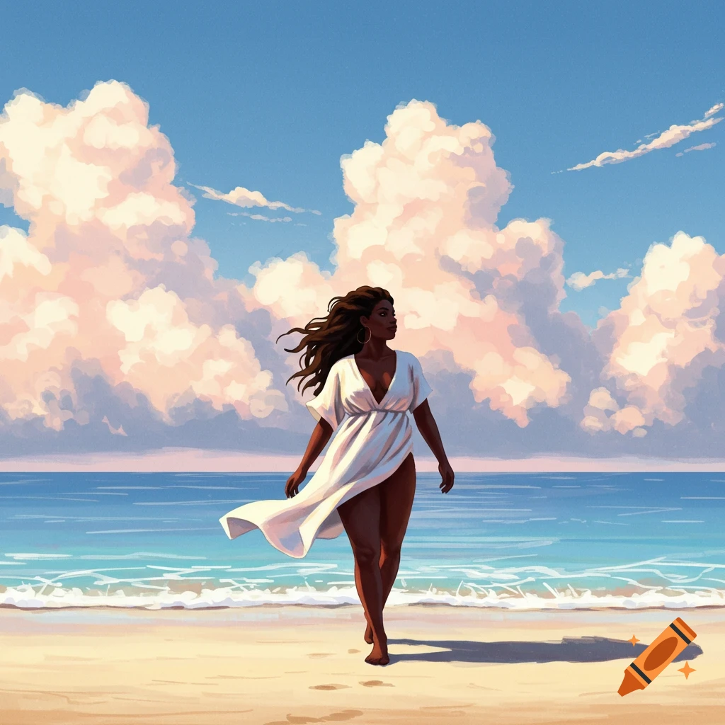 An illustrative painting of a woman in a white dress walking on a sandy beach by a blue ocean under a cloudy sky.