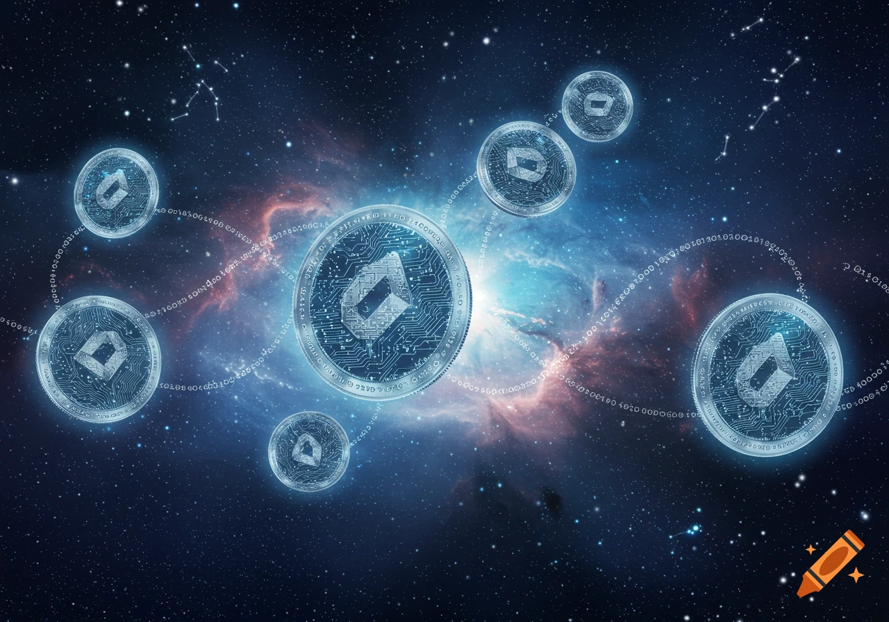 Glowing digital tokens with circuit patterns float in a starry galaxy with a vibrant nebula and faint constellations.