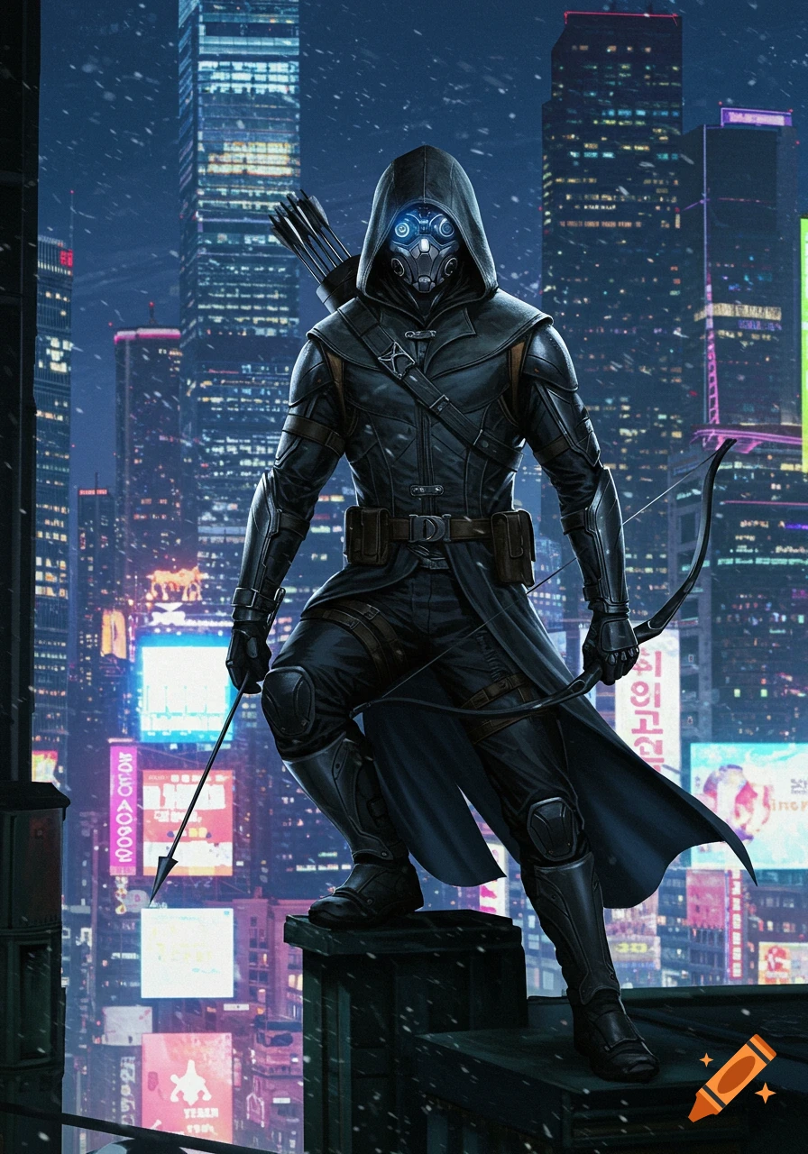 A masked, hooded figure with a bow stands on a snowy rooftop overlooking a neon-lit cyberpunk city at night.