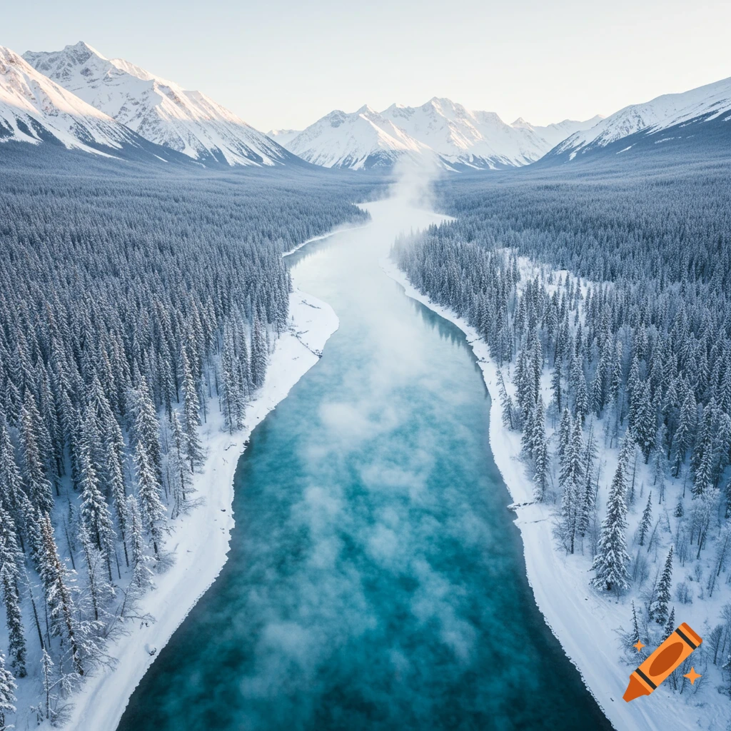 Aerial view of a turquoise river winding through a snow-covered forest with majestic mountains.