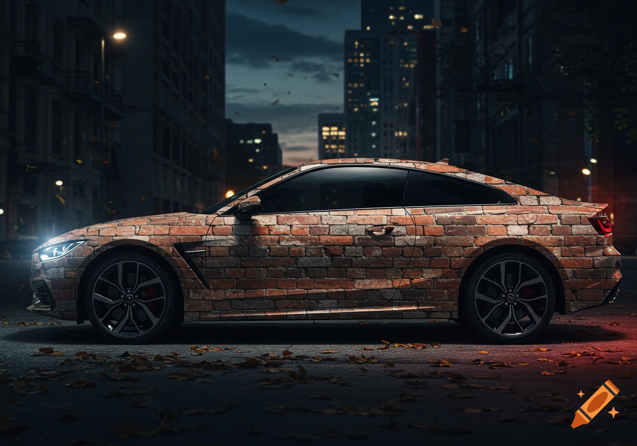 A modern sports car covered in a brick wall texture, parked on a dark urban street at night with city lights in the background.