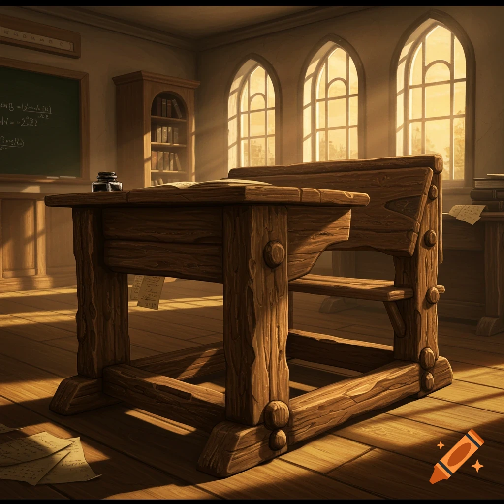 A rustic wooden school desk in a vintage classroom with arched windows and a blackboard.
