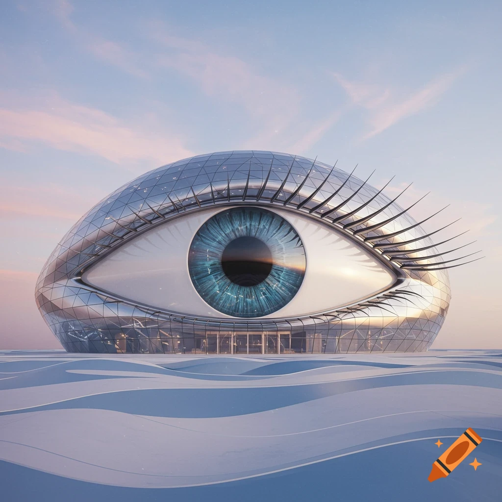 Futuristic eye-shaped building with a blue iris and long lashes, reflecting a pink and blue sky, on a wavy white landscape.