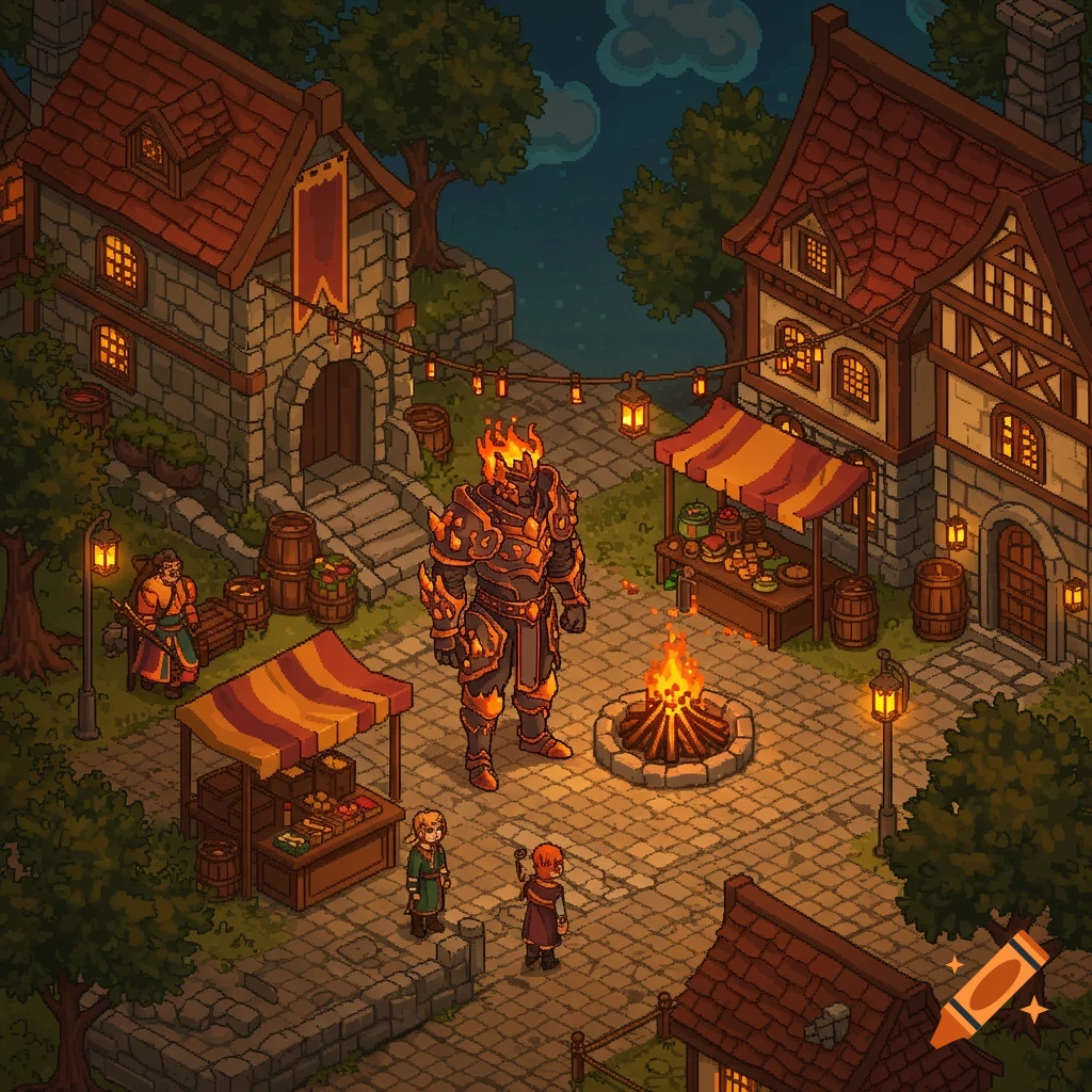 Isometric pixel art of a fiery armored figure in a bustling medieval village square at night, with market stalls and a bonfire.