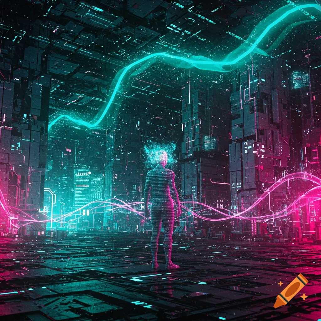 A glowing, wireframe figure stands in a dark, neon-lit cyberpunk cityscape with teal and pink data streams.