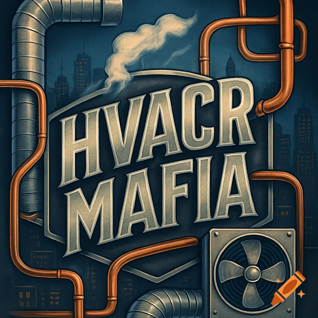 Stylized poster for 'HVACR MAFIA' featuring metallic pipes, a vent, smoke, and a dark cityscape background.