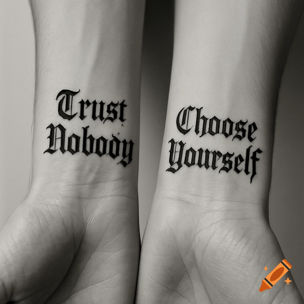 Two wrists with tattoos in Old English gothic font. The left wrist reads 'Trust Nobody', and the right wrist reads 'Choose Yourself' in a close-up, black and white shot.