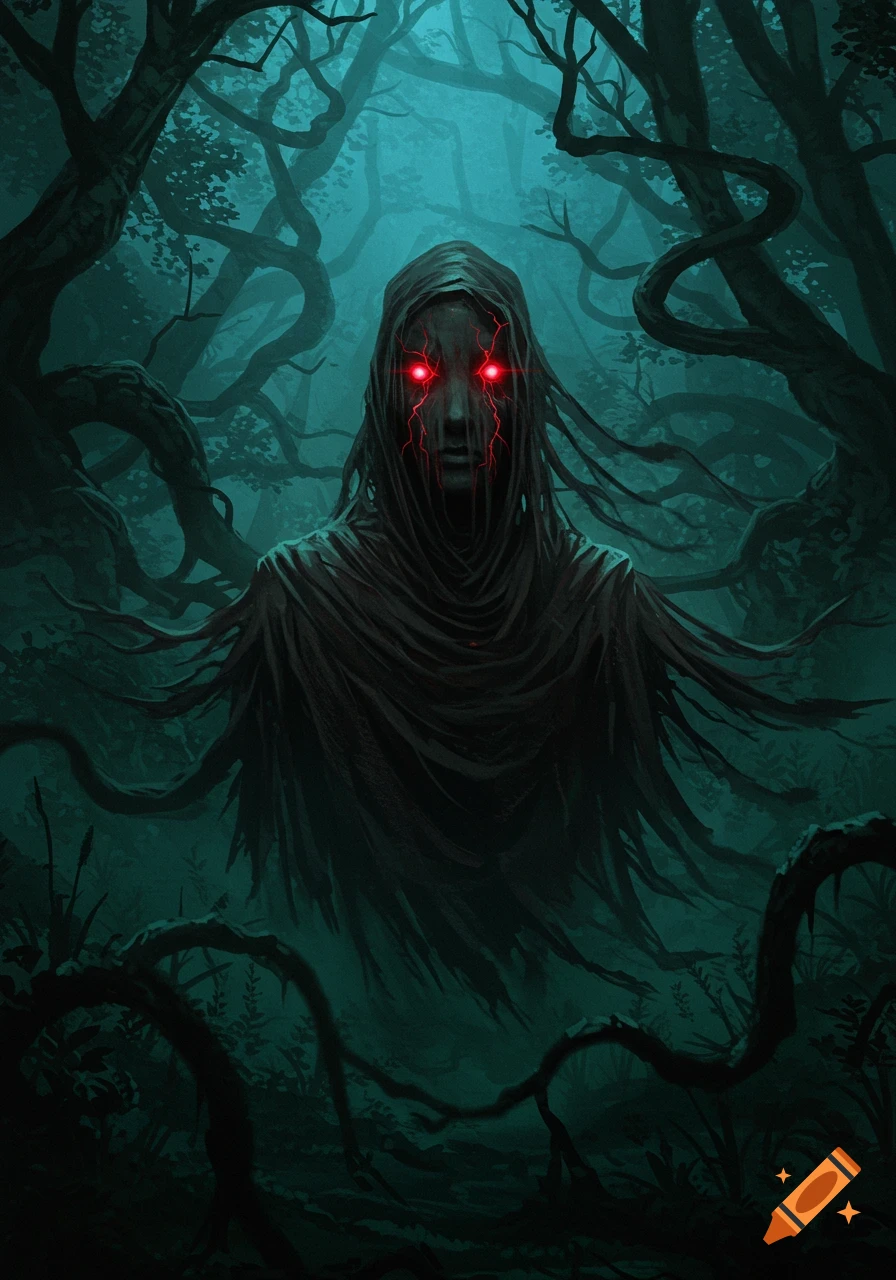 A hooded figure with glowing red eyes and tendrils in a dark, gnarled forest, in a dark fantasy art style.