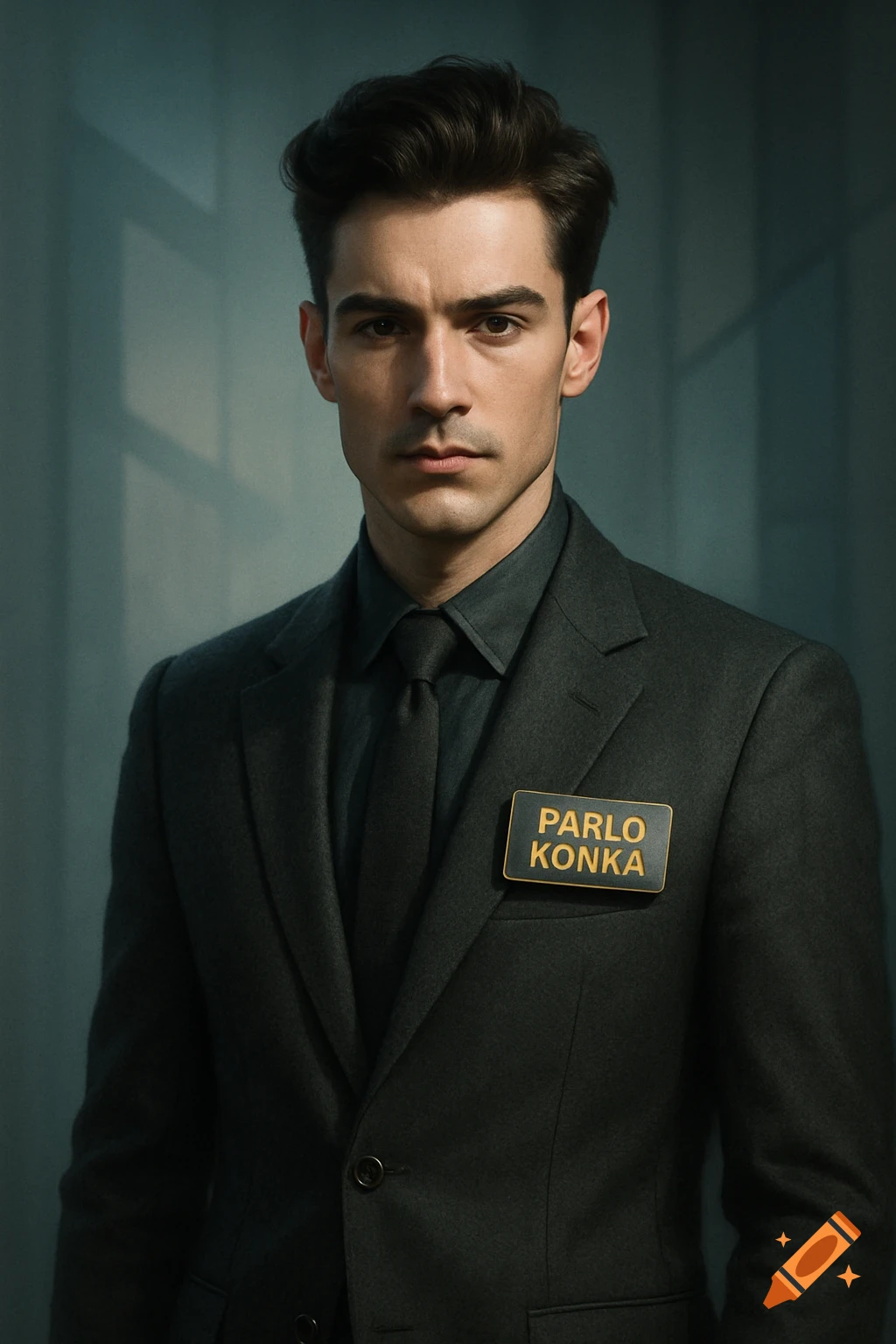 Photorealistic portrait of a man in a dark suit with a name tag that reads "PARLO KONKA".
