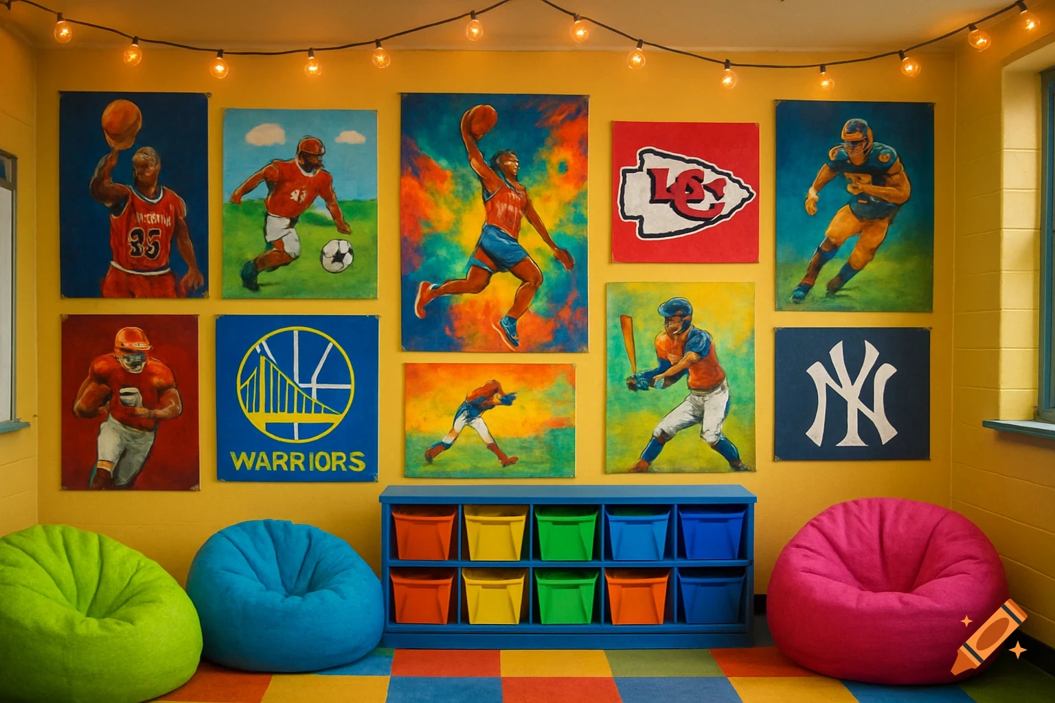 A vibrant classroom with yellow walls decorated with colorful sports posters and team logos. Green, blue, and pink beanbag chairs are on a checkered floor, with a blue storage unit holding colorful bins.