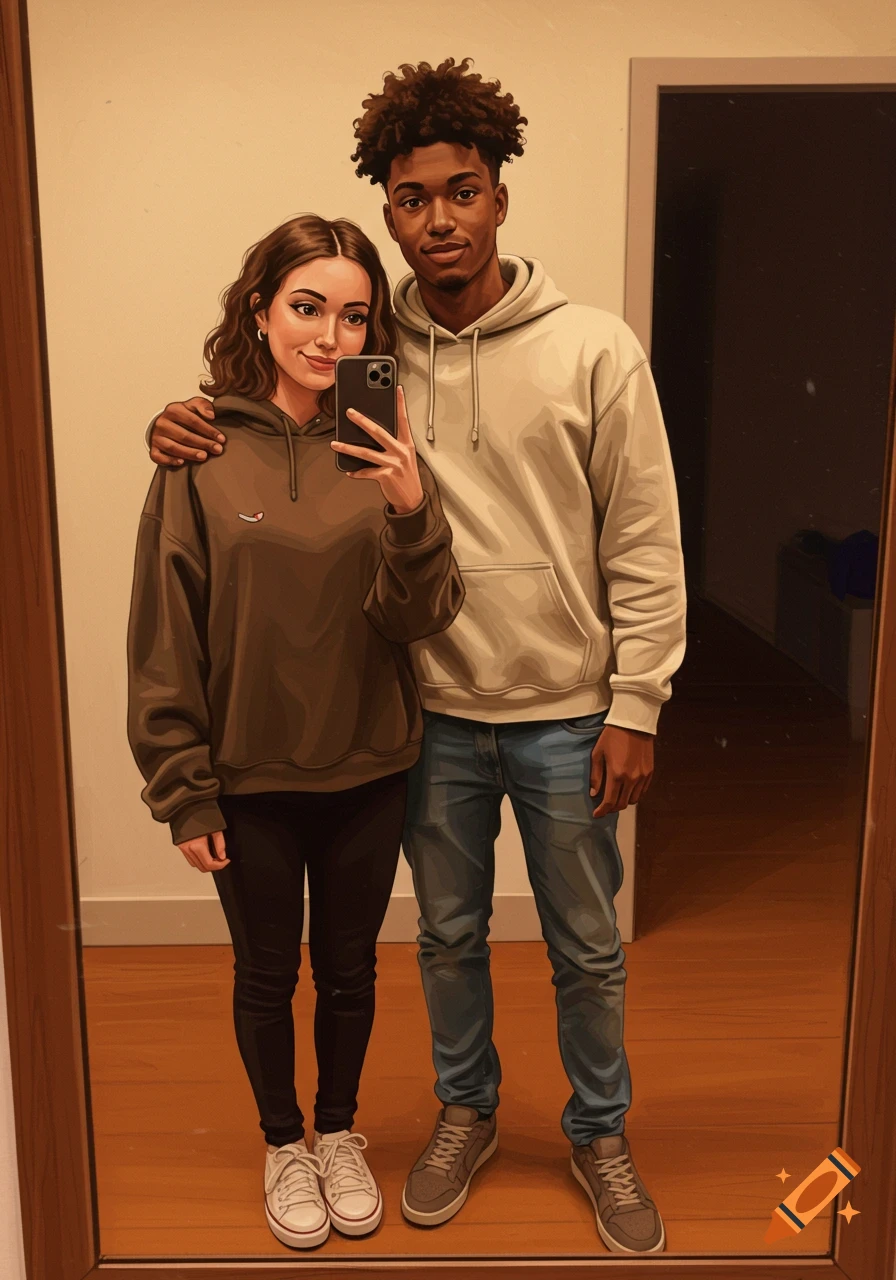 Digital painting of a man with curly hair and a woman with wavy hair, in hoodies, taking a mirror selfie.