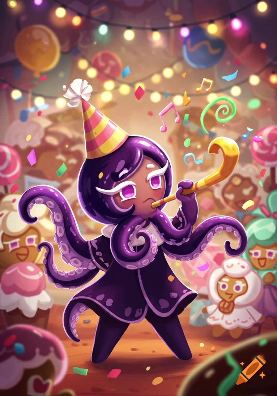 Squid Ink Cookie from Cookie Run wearing a party hat, blowing a horn, surrounded by confetti and balloons in a vibrant cartoon party scene.