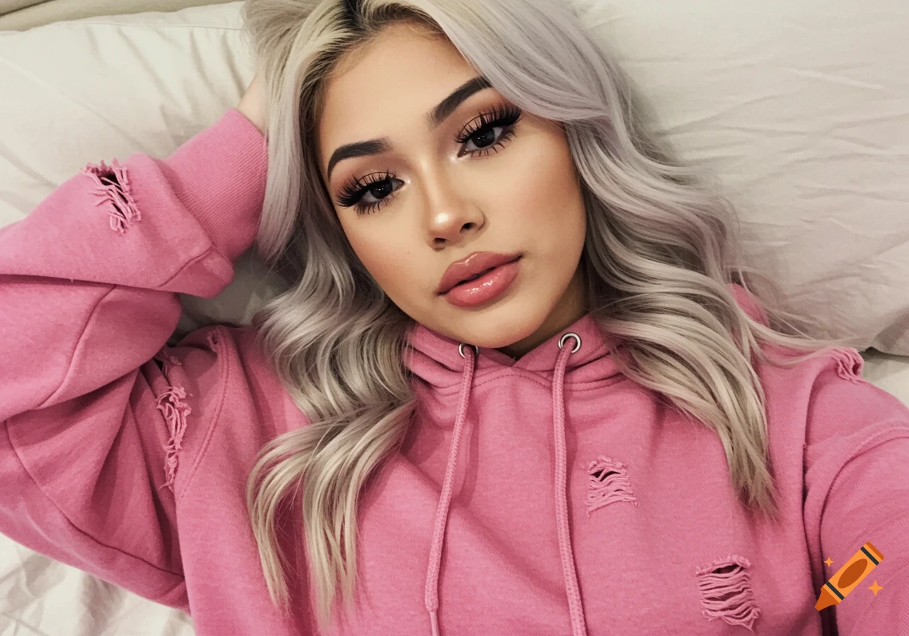 A young woman with platinum blonde hair, long lashes, and plump lips, wearing a pink distressed hoodie, lying in bed.