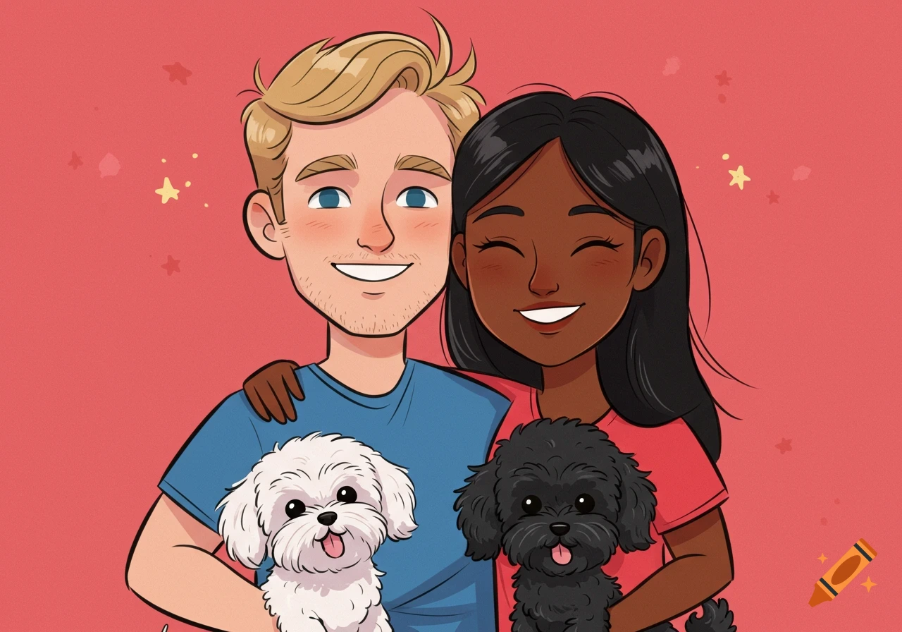 A cute cartoon illustration of a smiling couple, a blonde man and a woman with dark hair, holding a white Maltipoo and a black teacup poodle, on a red background.