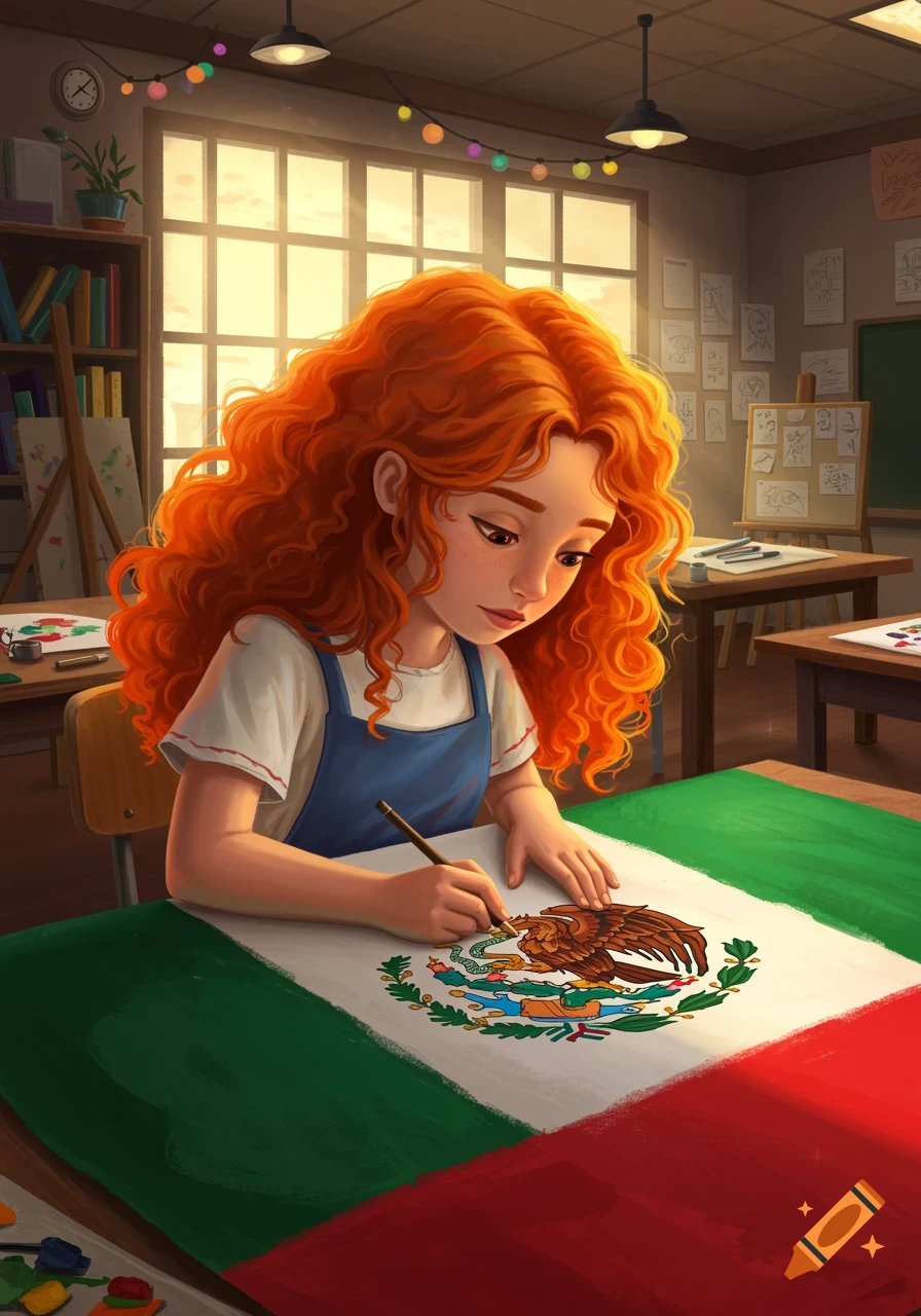 Orange-haired girl drawing a detailed Mexican flag in a sunny classroom, illustrated in a vibrant cartoon style.