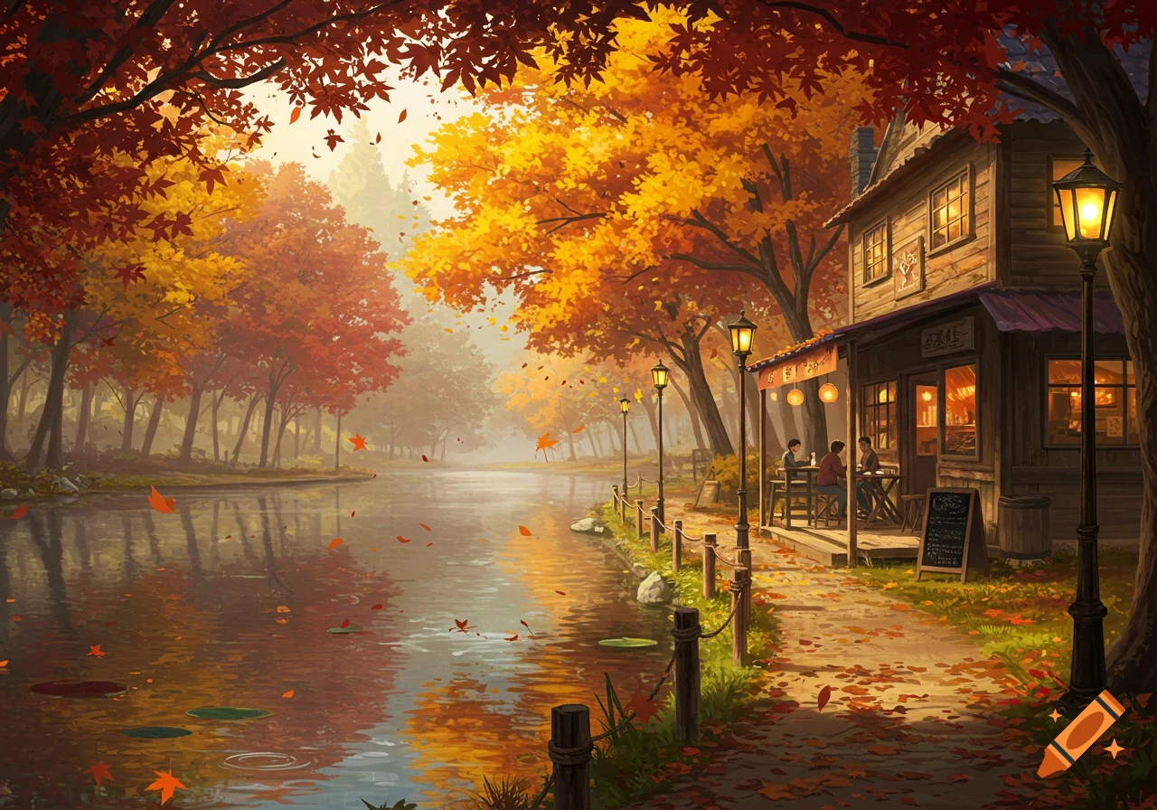 A vibrant autumn landscape features a cozy cafe with outdoor seating next to a serene river, surrounded by trees with orange and yellow leaves.