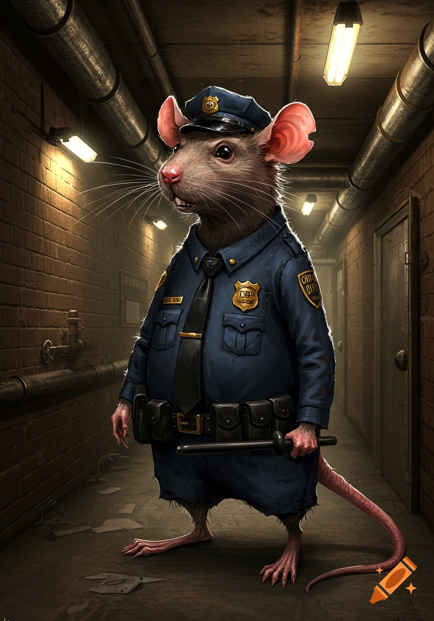 An anthropomorphic rat wearing a corrections officer uniform stands in a dirty, dimly lit brick alley, holding a baton.