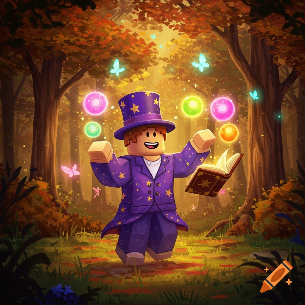 A vibrant, cartoon-style Roblox magician holds an open spellbook, surrounded by glowing orbs and butterflies in an autumn forest.