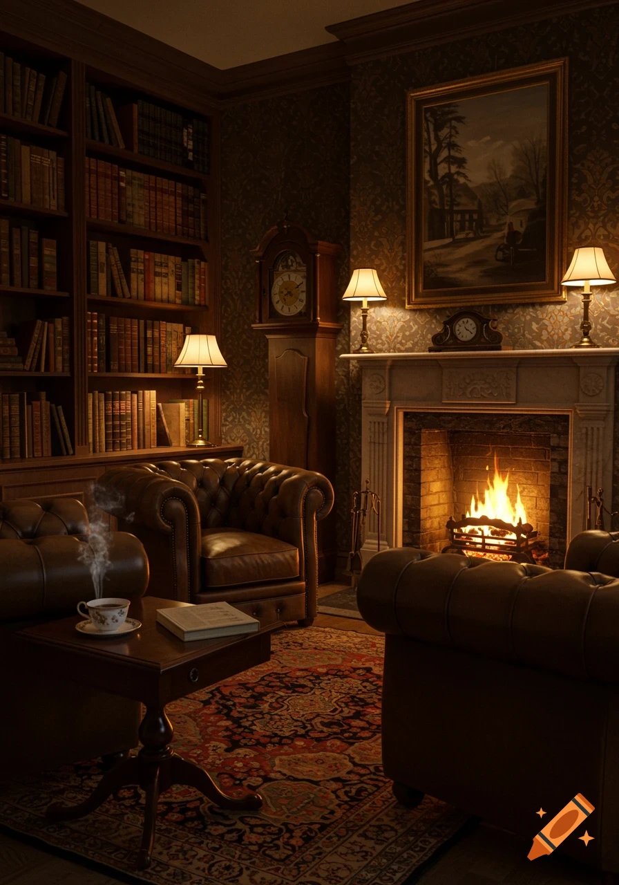 A warm, inviting study or library with leather armchairs, a lit fireplace, a grandfather clock, and bookshelves filled with books.