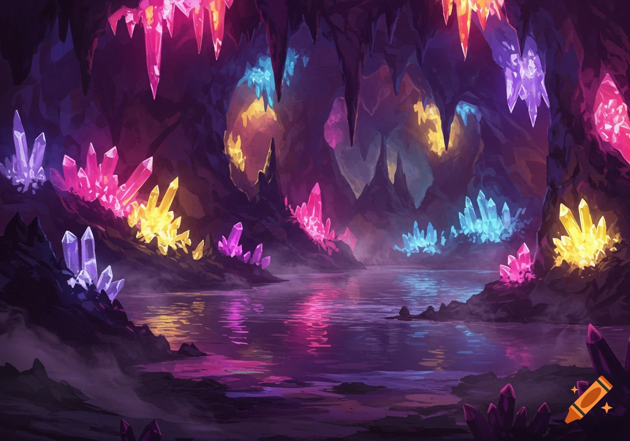 A dark cave filled with brightly glowing, colorful crystals and a reflective body of water.