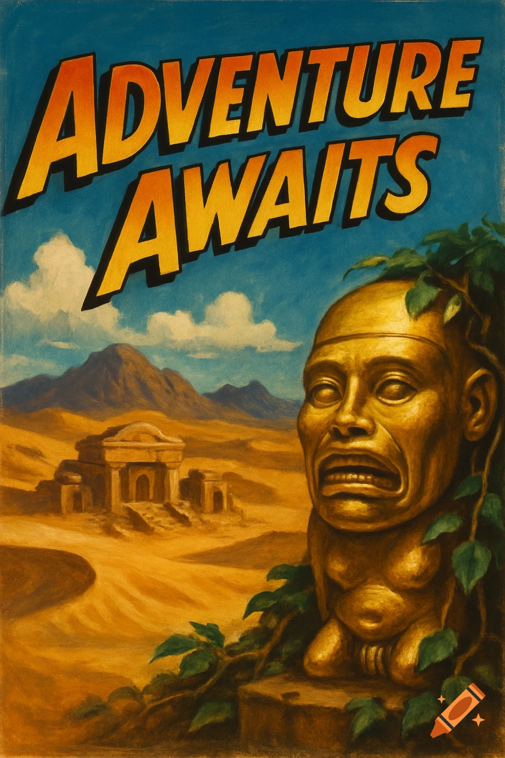 A retro adventure poster showing a golden, ancient statue head in a desert with ruins and mountains under a blue sky. Bold text reads 'ADVENTURE AWAITS'.