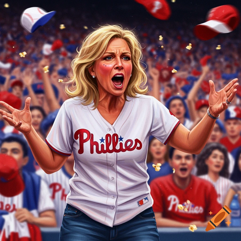 A blonde woman in a white Phillies baseball jersey yells excitedly with arms outstretched in a crowded stadium, popcorn and hats flying.