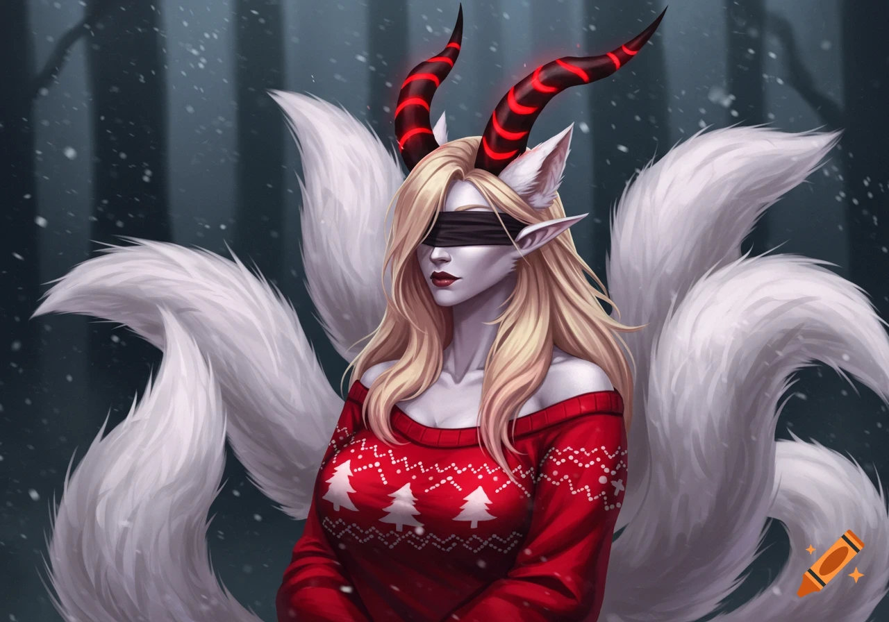 Blindfolded fantasy woman with red glowing horns, fox ears, and white tails in a red Christmas sweater, snowy forest, digital art.