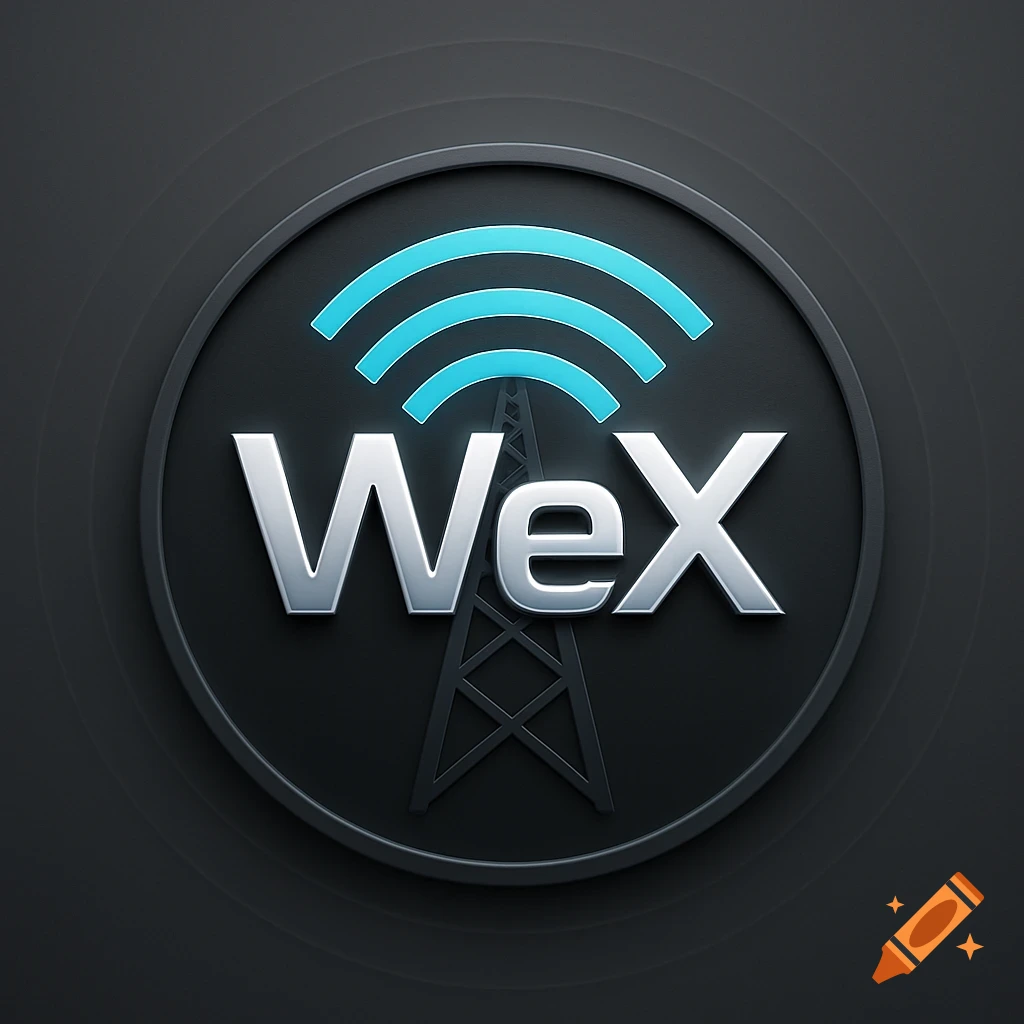 A circular black logo features the silver text "WeX" with a glowing blue wifi symbol and a dark grey cell tower behind it.