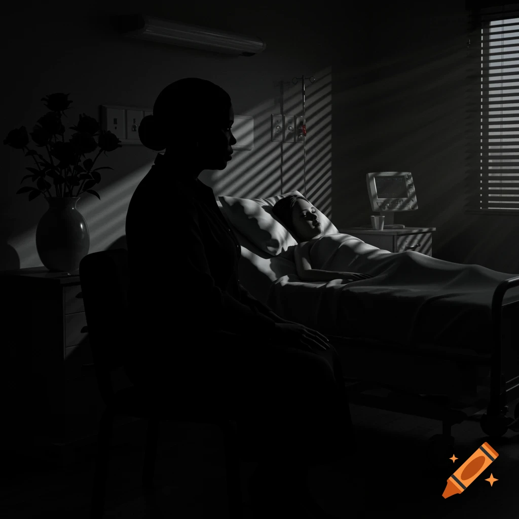 A mother sits silhouetted beside her sick daughter in a dark hospital room, dramatic light streams through blinds.