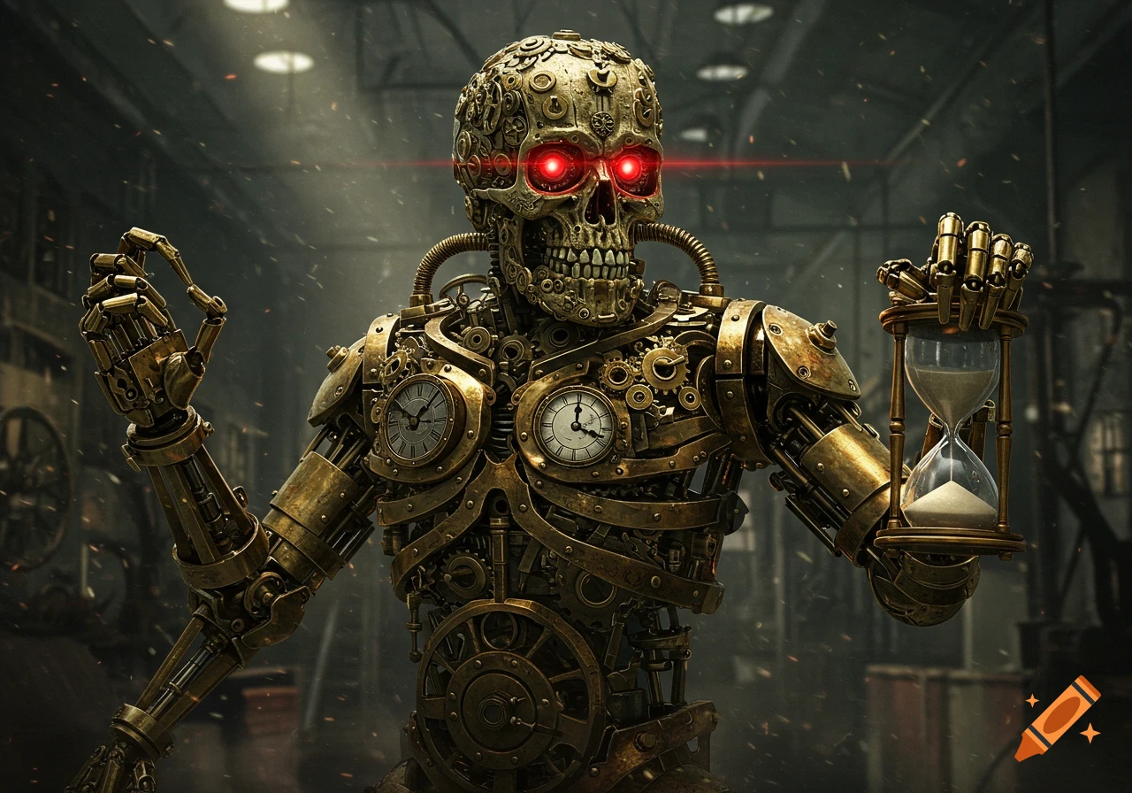 A detailed steampunk robot with a skull face made of brass gears and glowing red eyes, holding an hourglass.