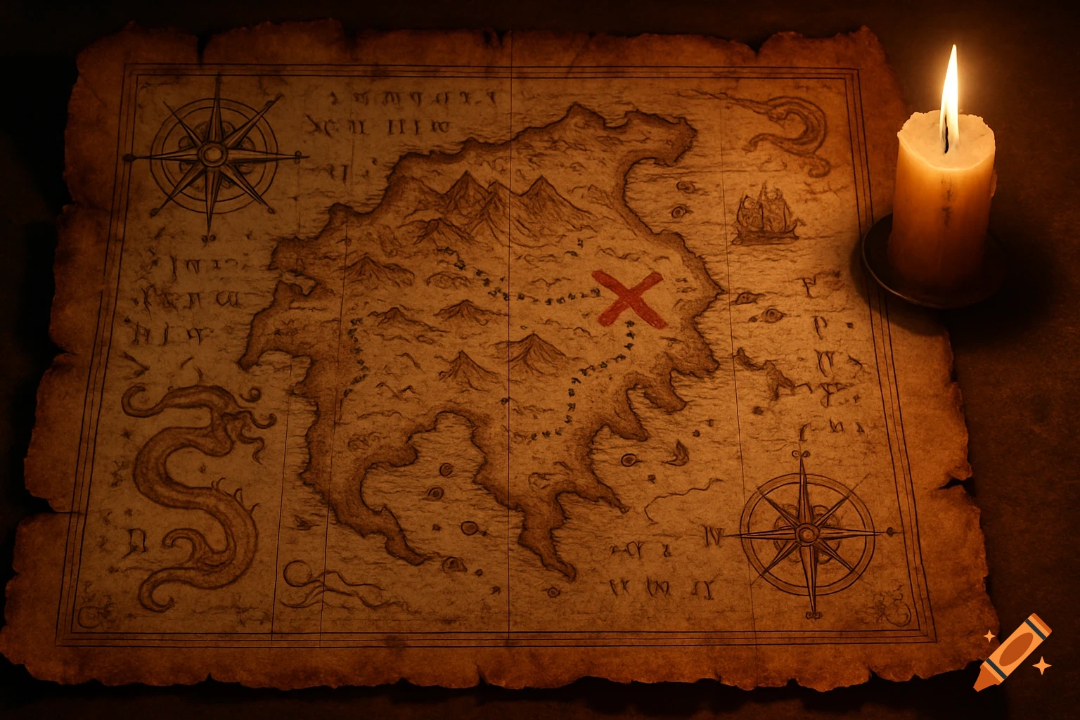 An old, parchment treasure map with mountains, a ship, a sea monster, two compass roses, and a red 'X' marking a spot, illuminated by a glowing candle.
