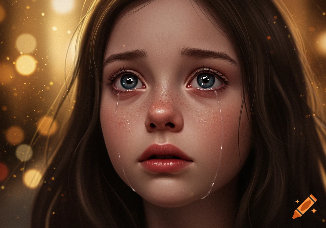 Close-up digital painting of a young girl with blue eyes, tears streaming down her face, looking upwards against a bokeh background.