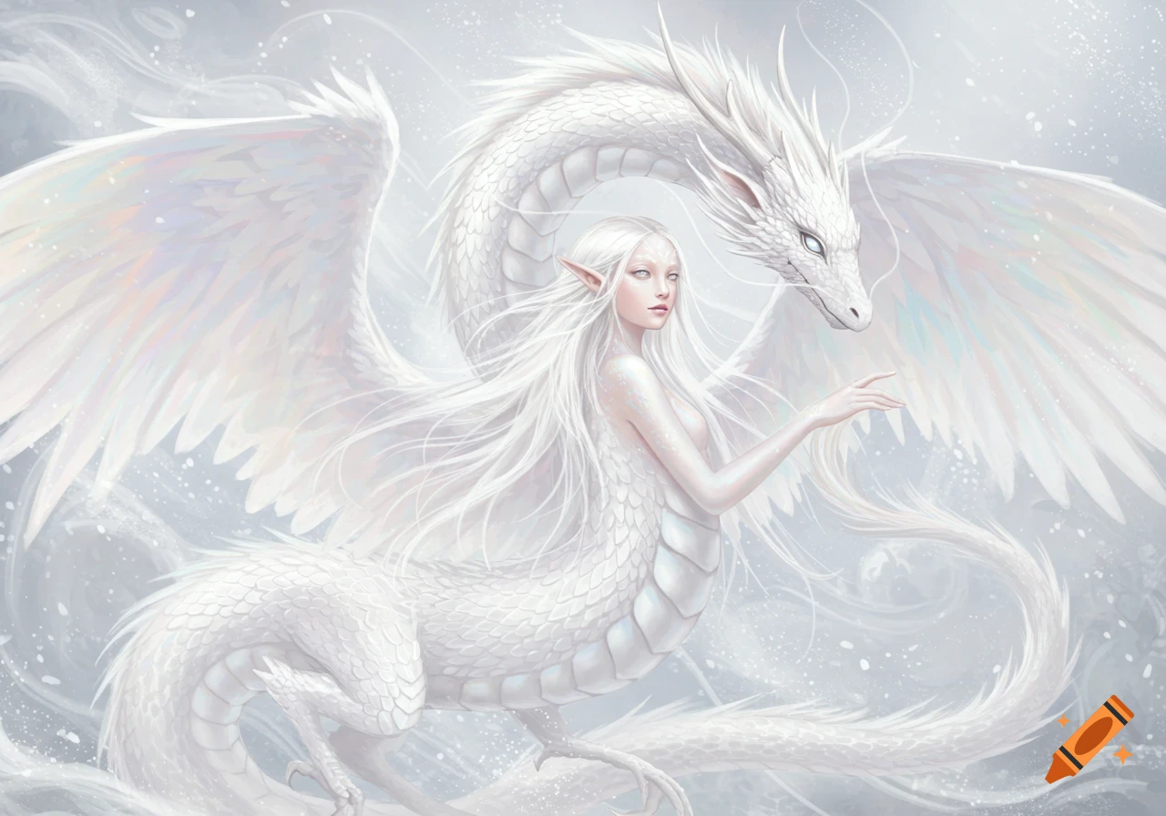 A majestic white-haired fantasy woman with a dragon body and large white wings stands with a white dragon, set against an ethereal, snowy backdrop.