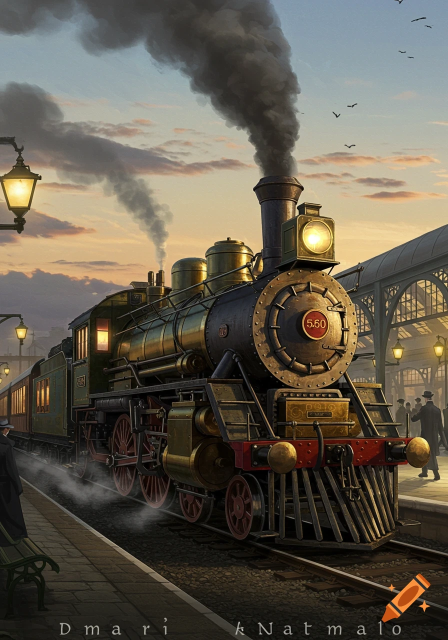 A massive, detailed steampunk locomotive with a bright headlight and billowing smoke sits at a station platform at sunset.