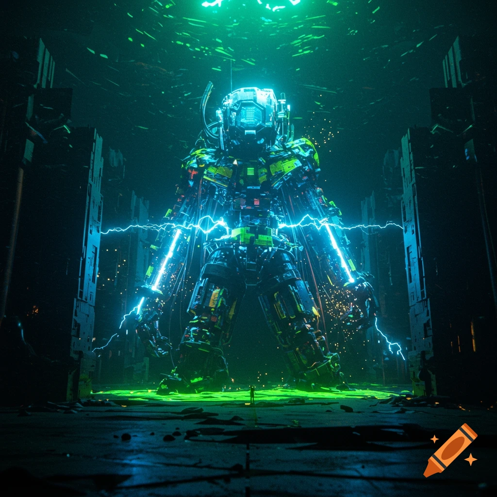 A colossal green and blue glowing mecha stands in a dark, futuristic industrial setting with a tiny person at its feet.