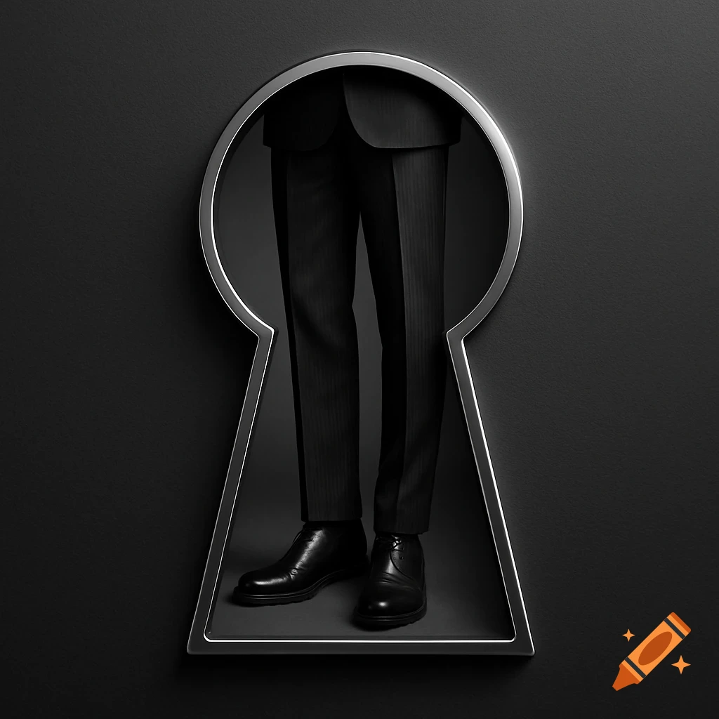 Lower half of a person in a dark suit and dress shoes, seen through a silver keyhole on a dark background.
