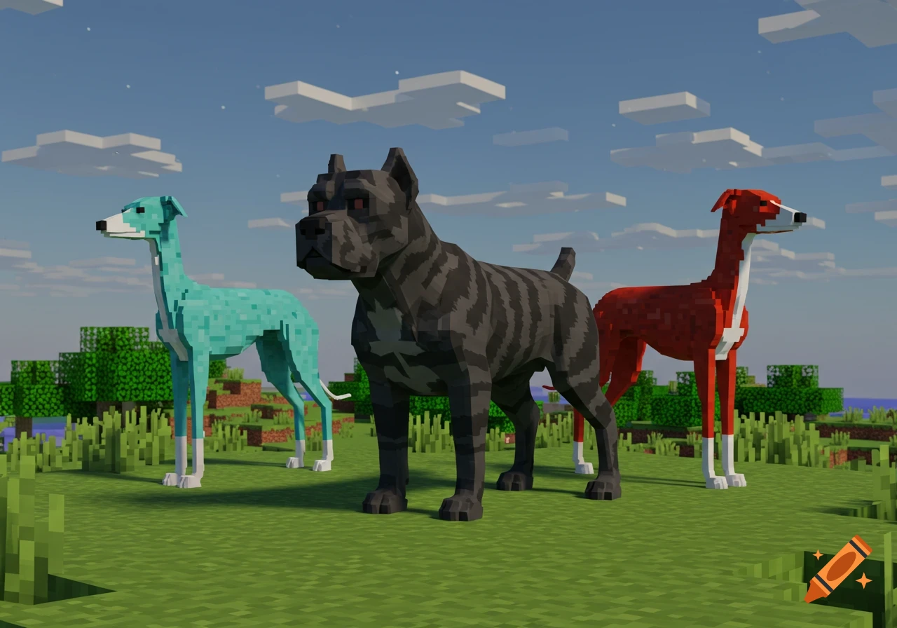 Three blocky dogs, a grey striped Cane Corso, a blue whippet, and a red whippet, stand in a grassy Minecraft world.