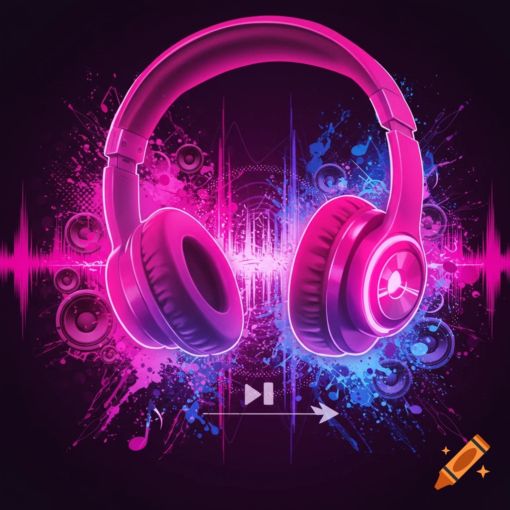 Neon pink and purple headphones with abstract sound waves, musical notes, and media player symbols on a dark background.