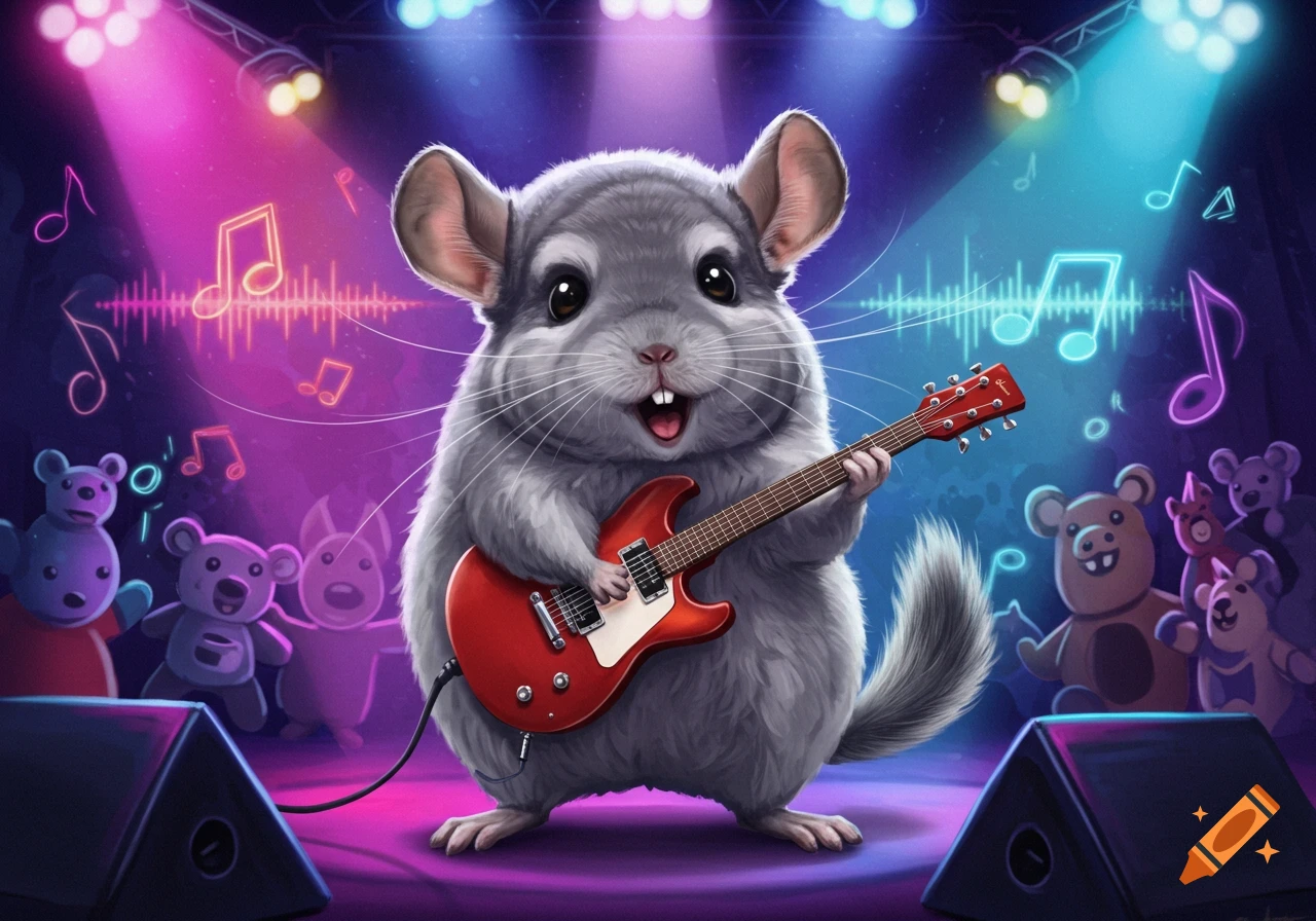 A cute, fluffy gray chinchilla plays a red electric guitar on a stage bathed in pink and blue spotlights, with an audience of stuffed animals.