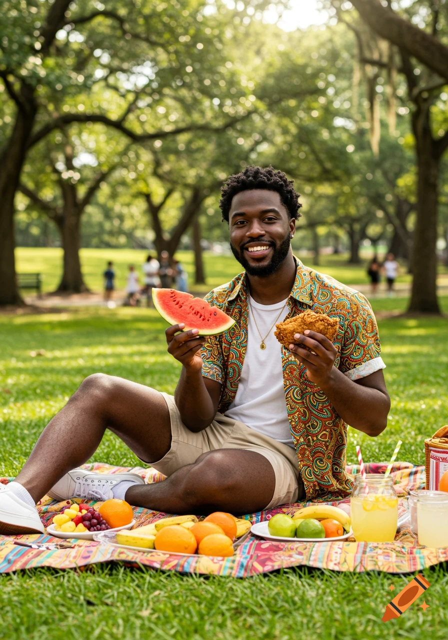 A smiling Black man sits on a colorful picnic blanket in a park, holding a slice of watermelon and fried chicken. Various fruits and drinks are around him.