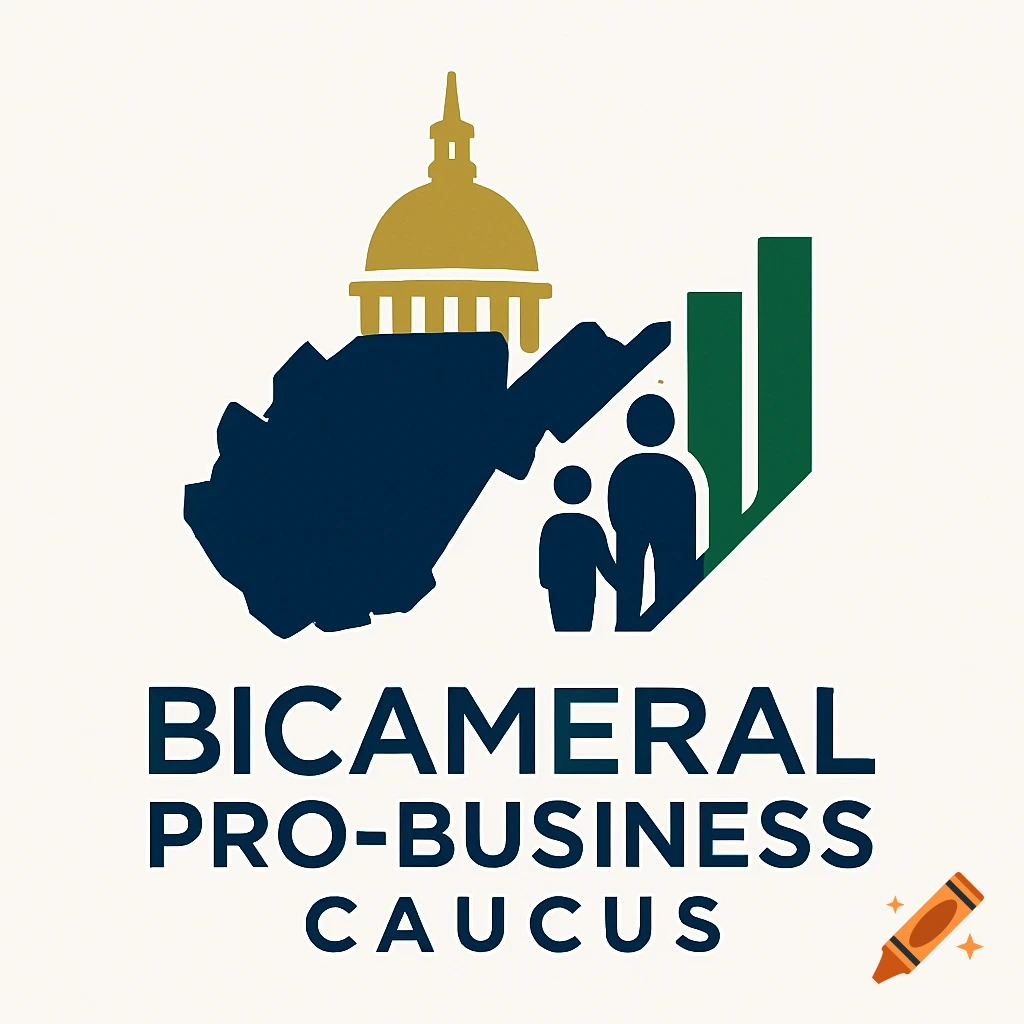 Logo with West Virginia map, capitol dome, bar graph, and two figures, text reads 'BICAMERAL PRO-BUSINESS CAUCUS'.