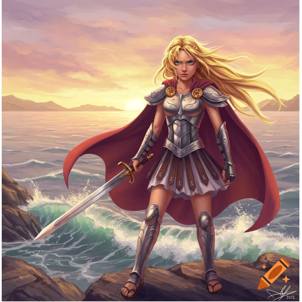 A blonde female warrior in silver armor and a red cape stands on rocks by the sea at sunset, holding a sword.
