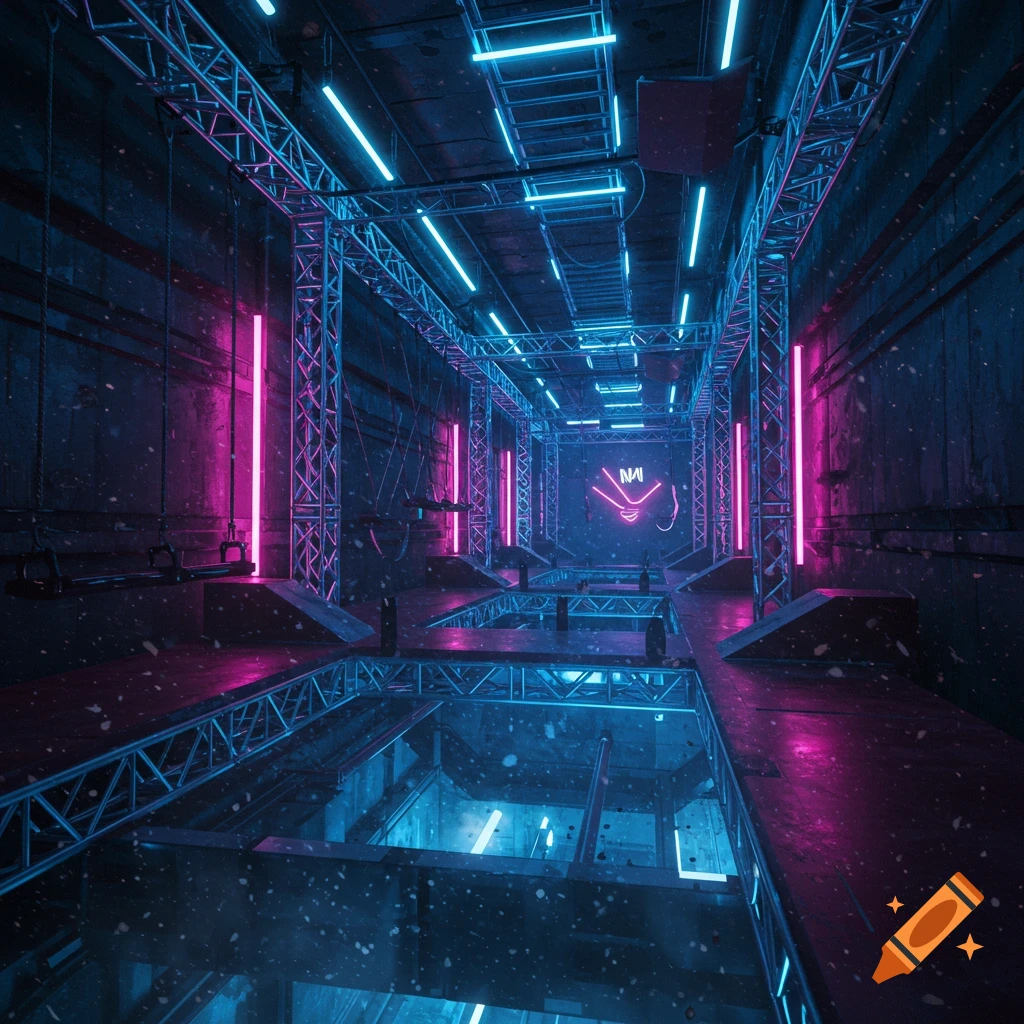 Futuristic cyberpunk obstacle course hallway with glowing pink and blue neon lights, metal structures, and deep pits.
