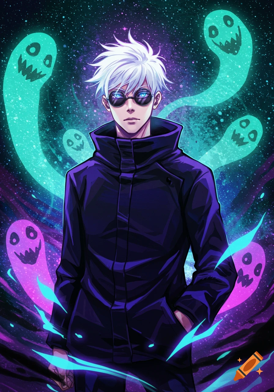 Anime man with white hair and sunglasses, blue glowing eyes, surrounded by teal and purple ghost-like figures against a starry background.